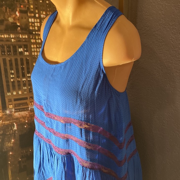 FREE PEOPLE - tunic / dress / tank: blue asymmetrical w purple lace accents - L - Picture 9 of 16